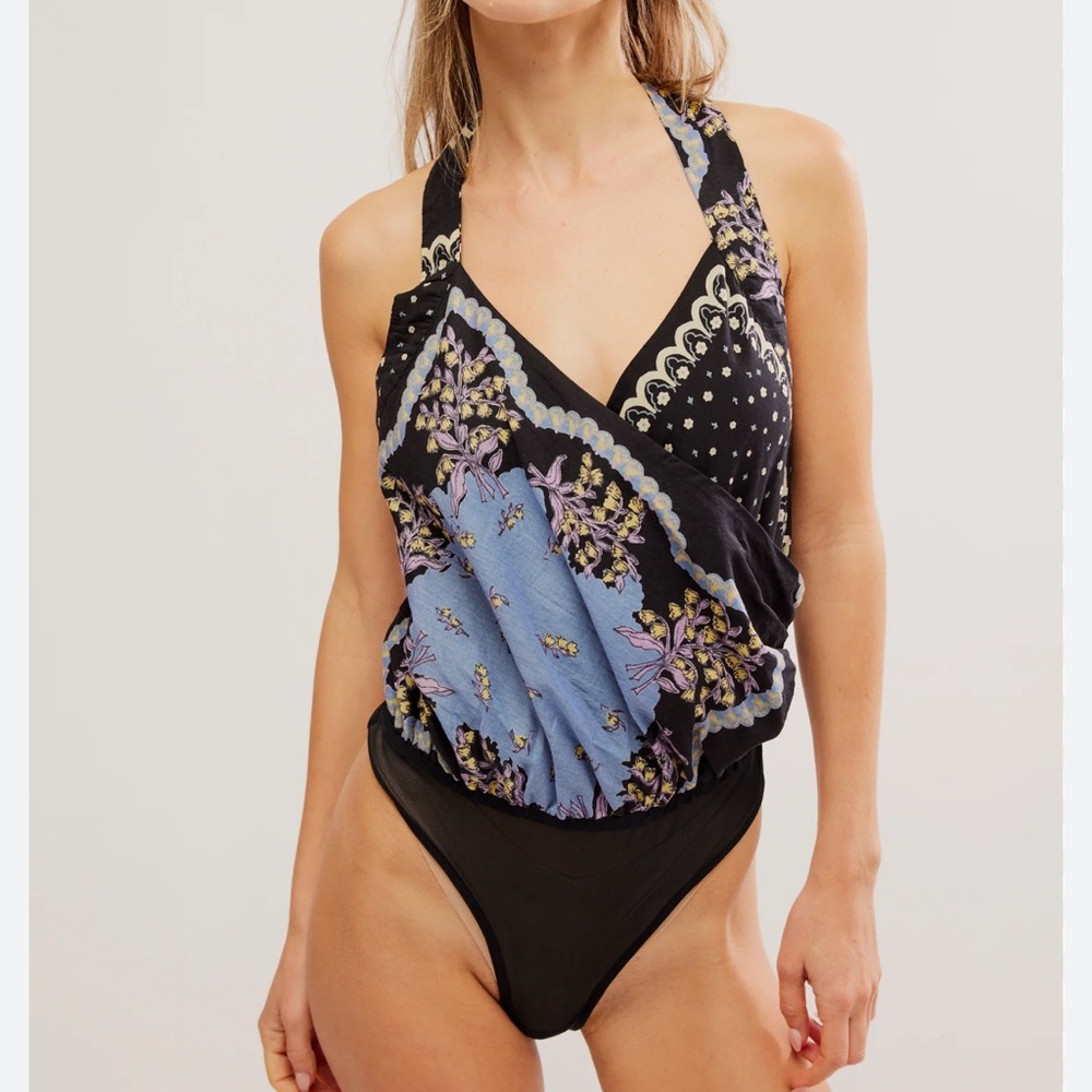 Chic Floral and Polka Dot Halter Bodysuit
